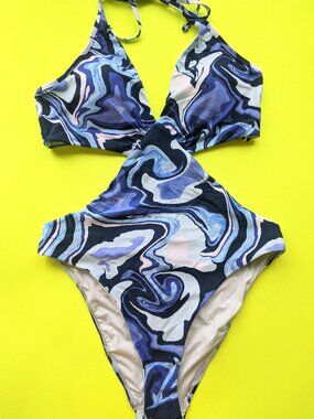 Victoria's Secret Blue Tropical Swirl Print One-Piece Swimsuit Size L